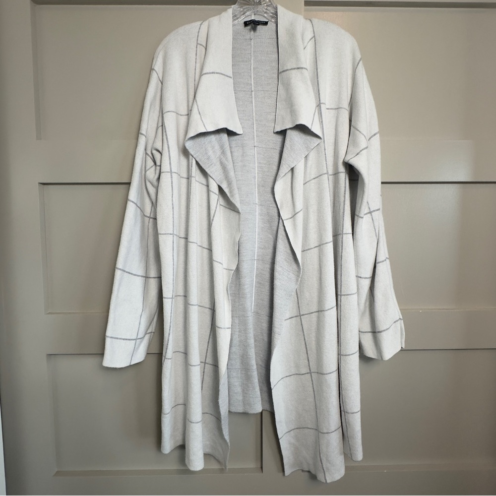 Eileen Fisher Organic Cotton Silk Windowpane Open Sweater White Gray Women’s Med